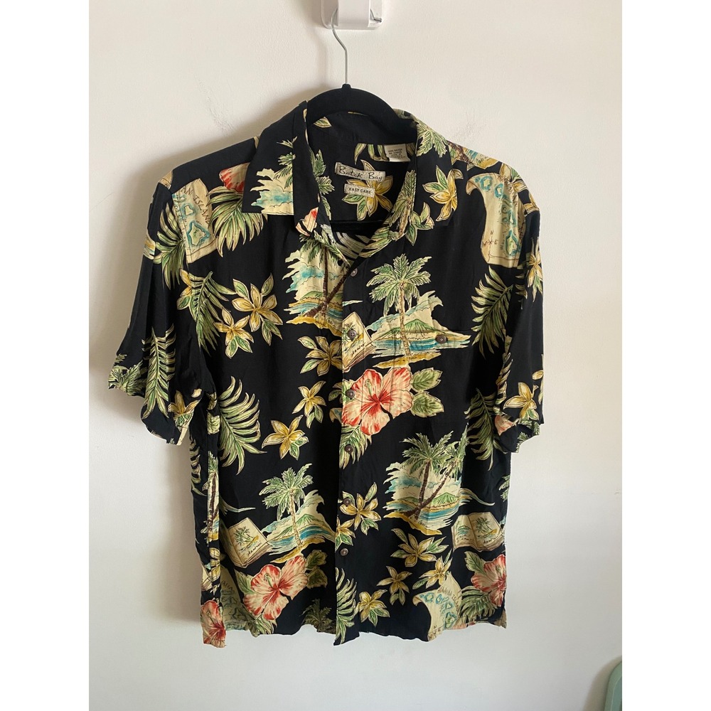 Batik Bay Mens Hawaiian Shirt Large Black Rayon Tropical Hibiscus Postcard Print